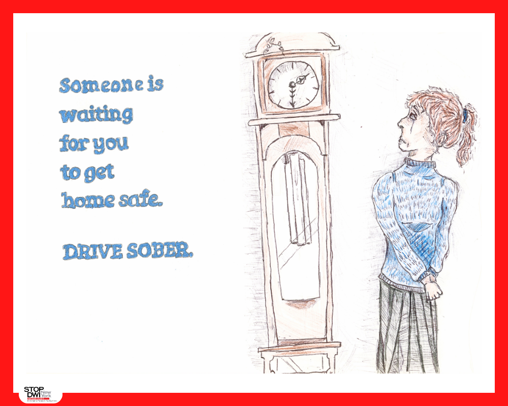 A person waiting beside a grandfather clock, with a reminder that someone is waiting for drivers to get home safely.