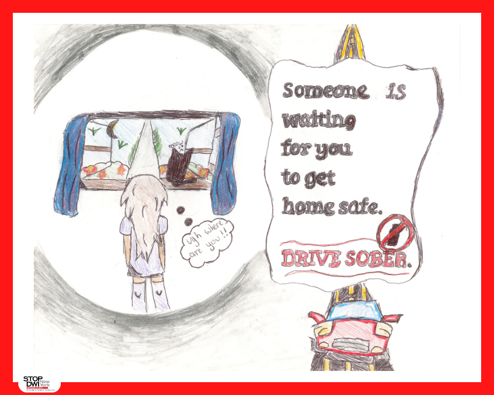 A family reflected in a rearview mirror above a car, with a message to get home safely and drive sober.