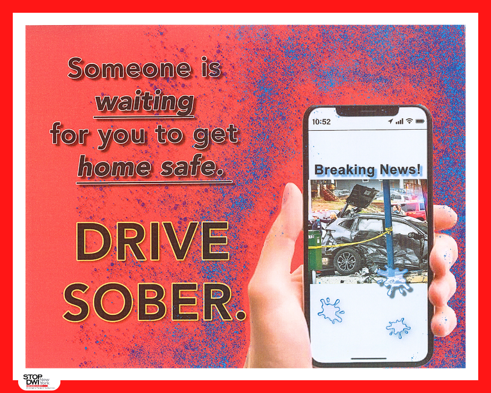 A phone displaying breaking news of a vehicle crash, alongside a message to drive sober.