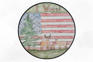 Third Place winning I Voted sticker design by Levi Smart featuring a deer and American theme