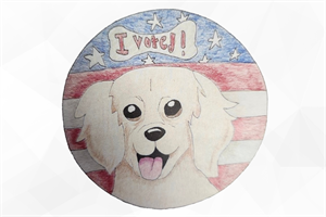 First Place winning I Voted sticker design by Ella Crittenden featuring a dog and voting theme