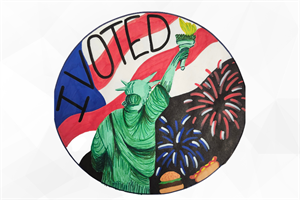 Grand Prize winning I Voted sticker design by Megan Jarkiewicz featuring the Statue of Liberty and a hamburger