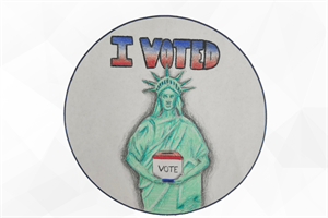 Honorable Mention I Voted sticker design by Max Logsdon featuring the Statue of Liberty and a ballot box